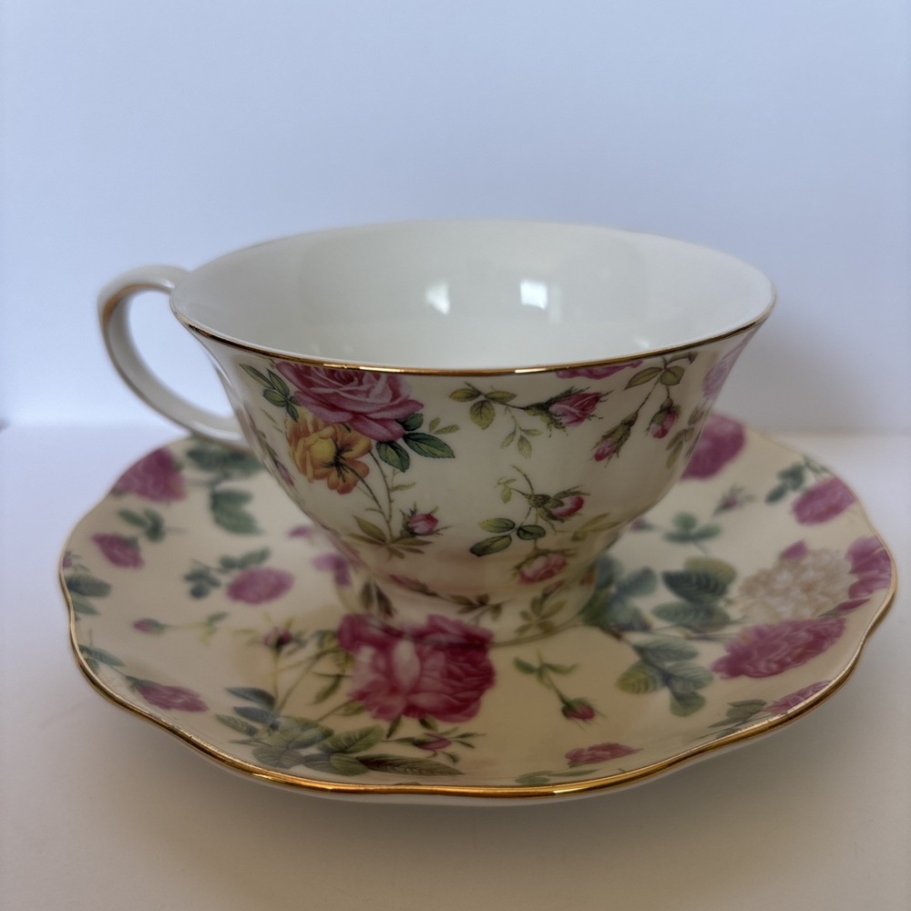 Gracie China by Coastline Imports Teacup and Saucer Set Rose Chintz W/ Gold Trim